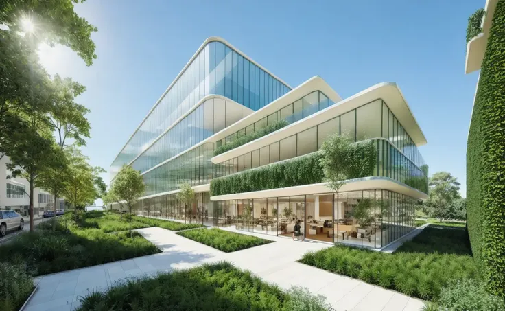 A stunningly realistic digital rendering of a modern urban commercial complex designed by renowned architectural firms such as SOM and OMA. The complex features pedestrian streets and exquisite shops, with modern architectural facades creating a sleek and sophisticated environment. The use of three-dimensional corridors and glass curtain wall towers adds to the overall futuristic feel of the scene, while realistic lighting and three-dimensional greenery create a sense of depth and vibrancy. The street planting is exquisitely detailed, adding a touch of natural beauty to the urban space. Rendered in high definition quality using 3D rendering software, the image is a breathtaking piece of urban design, strong contrast of light and shadow