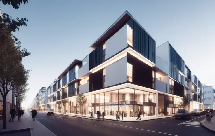 a commercial street, walk street with people, low rise buildings, modern, rendering, 35mm photography, light and shadow