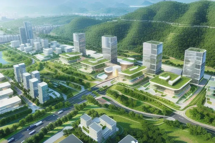 A breathtakingly realistic digital rendering of a city design aerial view, designed by architectural firms such as SOM and OMA, The scene features neatly arranged high-rise buildings in a modern style, with mountains and sea in the distance providing a stunning natural backdrop, The commercial office buildings and commercial complexes are designed to be functional yet stylish, creating a dynamic urban environment, (The lighting is expertly rendered to create a realistic glow), (with a modern cityscape design that features rooftop greenery and neatly arranged street trees), The image is rendered in high definition quality using 3D rendering software, making it a stunning piece of modern urban design,(35mm photography),  <lora:fullurbandesign:0.2>,  <lora:urbanaerial15:0.2>