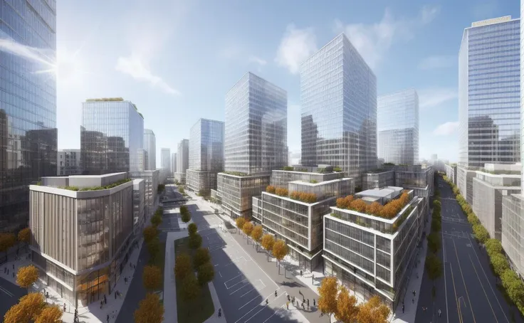 a commercial district with many office buildings, shops, walk streets, landscape, park , trees, clear sky and sunlight, cloud, reality rendering