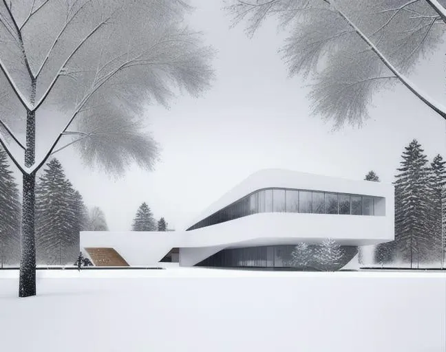 a modern museum building, snow, winter, tree,