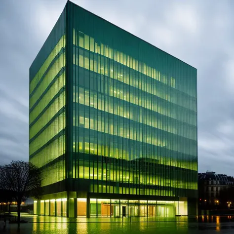 ((night)) a modern green eco bank building hsbc light inside on, paris, overcast, rainy, Night,