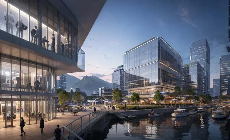 Swing out coffee table and parasol, light from inside the building, waterfront, Mountain, water surface, square, event venue, industrial style, Koolhaas, Glass curtain wall, Metal plate, conceptual style, cyberpunk style, night view, 8K, high detail, accurate structure, light effect
