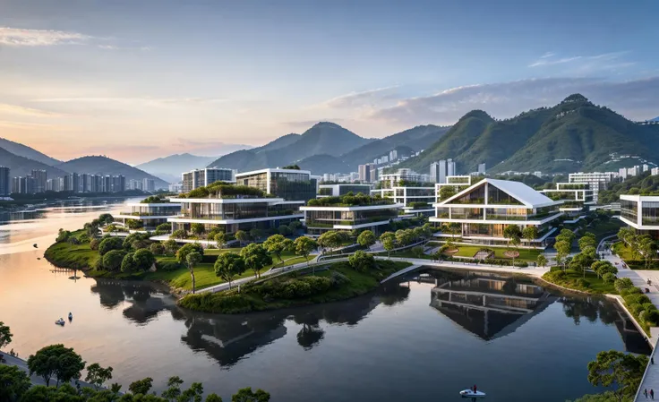 a beautiful rendering of a commercial district near by lake, rolling mountains, (low rise buildings with wood and green roofs near water), designed by SOM and OMA and SASAKI, [[a amazing museum designed by zaha near by water]], Headquarters of the world's top companies designed by apple, beautiful park and landscape in front of water with people activity, [abundant aquatic plants and birds and kayaks in river], [water sports], [[clear sky and sunlight]], [reflection], [[hyper detailed]], architecture rendering , modern architecture, 8k, vray render, [shenzhen China], [sunset], clouds, 35mm photography, urban design, [reality effect], Nature, [regular lines], simple geometry