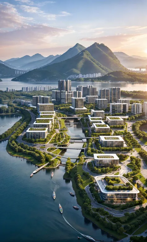 a beautiful rendering of a commercial district near by lake, rolling mountains, (low rise buildings with wood and green roofs near water), designed by SOM and OMA and SASAKI, [[a amazing museum designed by zaha near by water]], Headquarters of the world's top companies designed by apple, beautiful park and landscape in front of water with people activity, [abundant aquatic plants and birds and kayaks in river], [water sports], [[clear sky and sunlight]], [reflection], [[hyper detailed]], architecture rendering , modern architecture, 8k, vray render, [shenzhen China], [sunset], clouds, 35mm photography, urban design, [reality effect], Nature, [regular lines], simple geometry