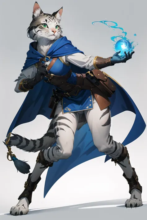 catfolk, 1girl, tabby catfolk, female catfolk, full body, plain background,
gray fur, striped fur, green eyes, paws,
leather armor, blue cape, gloves, hood, mage,
<lora:catfolk:0.8>