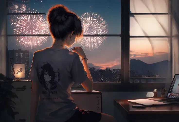 anime artwork masterpiece,best quality,super detail,ultra detail,1girl,T-shirt,office lady,evening,solo,in office,working,use computer,chiaroscuro,Realistic,fireworks outside the window,Spring Festival,sad,tired,Spring couplets,l,artist:ask (askzy),artist:wlop,desk lamp,best quality,amazing quality,very aesthetic,absurdres,. anime style,key visual,vibrant,studio anime,highly detailed,<lora:Rella:1>,railing