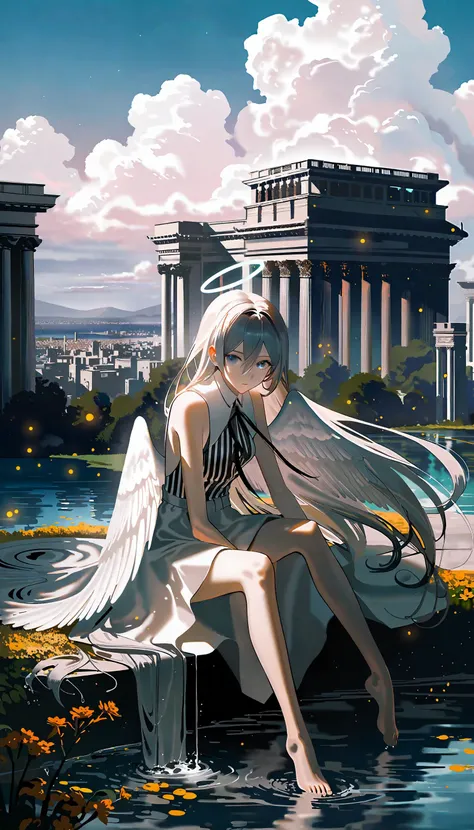 Professional fashion portrait, innovative fashion, amazing quality, best quality, high quality, beautiful color, aesthetic, detailed, sci-fi theme,
BREAK
[by rella:by ssr susu:0.7],  [3d:celluloid:0.7],
BREAK
1girl, solo, beautiful, elegance, aesthetic, mysterious, ethereal, detailed face, detailed eyes, looking at viewer, very long hair, detailed hair, white hair, floating hair, hair between eyes, wind effect, pale skin, angel, angel wings, feathered wings, angel ring, sitting, barefoot, soaking feet, lonely, melancholy atmosphere,
BREAK
white dress, bare shoulders, Striped linen shirt dress with waist tie, designed by Phoebe Philo,
BREAK
high-resolution sci-fi landscape, post-human landscapes, thousands of years in the future, Earth, overgrown cities, reclaimed by nature, futuristic decay, ancient modern buildings, outdoors, blue sky, cloud, cloudy sky, star(sky), halo, floral, flowers, water, high-resolution ruins,
BREAK
close up, Depth of Field, sharp focus, bokeh, cinematic quality, LUT, fine texture, crisp detail, <lora:Rella:0.15>,