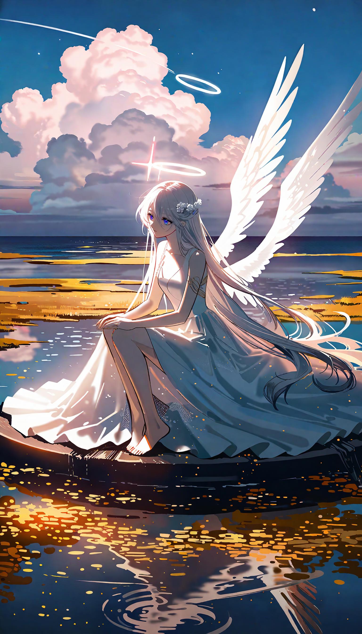 Anime girl sitting on a boat with angel wings in the water - SeaArt AI