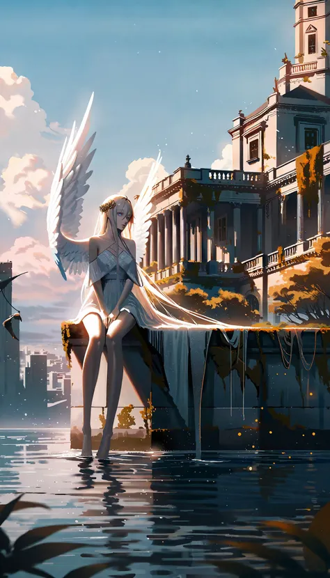 Professional fashion portrait, innovative fashion, amazing quality, best quality, high quality, beautiful color, aesthetic, detailed, sci-fi theme,
BREAK
[by rella:by hwan:0.7], [realistic:3d:0.7],
BREAK
1girl, solo, beautiful, elegance, aesthetic, mysterious, ethereal, detailed face, detailed eyes, looking away, very long hair, detailed hair, white hair, floating hair, hair between eyes, wind effect, pale skin, angel, angel wings, feathered wings, angel ring, sitting, barefoot, soaking feet, lonely, melancholy atmosphere,
BREAK
white dress, bare shoulders, Boho-inspired embroidered dress, designed by Joseph Altuzarra,
BREAK
high-resolution sci-fi landscape, outdoors, blue sky, cloud, cloudy sky, star(sky), halo, floral, flowers, water, high-resolution ruins, thousands of years in the future, Earth, overgrown cities, reclaimed by nature, futuristic decay, ancient modern buildings, post-human landscapes,
BREAK
Depth of Field, sharp focus, bokeh, cinematic quality, LUT, fine texture, crisp detail, <lora:Rella:0.15>,