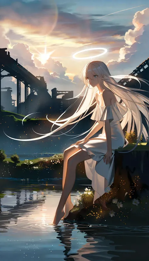 sci-fi theme, amazing quality, best quality, high quality, beautiful color, aesthetic, detailed,
BREAK
[by rella:by timbougami:0.7],  [pseudo-impasto:flat-pasto:0.7],
BREAK
1girl, solo, beautiful, elegance, aesthetic, mysterious, ethereal, detailed face, detailed eyes, looking at viewer, very long hair, detailed hair, white hair, floating hair, hair between eyes, wind effect, pale skin, angel, angel wings, feathered wings, angel ring, sitting, barefoot, soaking feet, lonely, melancholy atmosphere,
BREAK
white dress, bare shoulders, Off-the-shoulder tiered lace dress with scalloped hem, designed by Jacquemus,
BREAK
high-resolution sci-fi landscape, post-human landscapes, thousands of years in the future, Earth, overgrown cities, reclaimed by nature, futuristic decay, ancient modern buildings, outdoors, blue sky, cloud, cloudy sky, star(sky),
starry sky, halo, floral, flowers, water, high-resolution ruins, (rust in ruins, collapsed building),
BREAK
from side, Depth of Field, sharp focus, bokeh, cinematic quality, LUT, fine texture, crisp detail, <lora:Rella:0.2>,