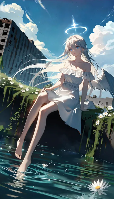 sci-fi theme, amazing quality, best quality, high quality, beautiful color, aesthetic, detailed,
BREAK
[by rella:by houk1se1:0.7],  [impasto:clean color:0.7],
BREAK
1girl, solo, beautiful, elegance, aesthetic, mysterious, ethereal, detailed face, detailed eyes, looking at viewer, very long hair, detailed hair, white hair, floating hair, hair between eyes, wind effect, pale skin, angel, angel wings, feathered wings, angel ring, sitting, barefoot, soaking feet, lonely, melancholy atmosphere,
BREAK
white dress, bare shoulders, Gingham print off-the-shoulder dress, designed by Glenn Martens,
BREAK
high-resolution sci-fi landscape, post-human landscapes, thousands of years in the future, Earth, overgrown cities, reclaimed by nature, futuristic decay, ancient modern buildings, outdoors, blue sky, cloud, cloudy sky, star(sky),
starry sky, halo, floral, flowers, water, high-resolution ruins, (rust in ruins, collapsed building),
BREAK
dutch angle, Depth of Field, sharp focus, bokeh, cinematic quality, LUT, fine texture, crisp detail, <lora:Rella:0.1>,