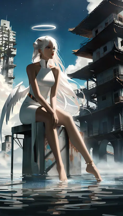 sci-fi theme, amazing quality, best quality, high quality, beautiful color, aesthetic, detailed,
BREAK
[by rella:by afangfangfangfang:0.7],  [realistic:impasto:0.7],
BREAK
1girl, solo, beautiful, elegance, aesthetic, mysterious, ethereal, detailed face, detailed eyes, looking away, very long hair, detailed hair, white hair, floating hair, hair between eyes, wind effect, pale skin, angel, angel wings, feathered wings, angel ring, sitting, barefoot, soaking feet, lonely, melancholy atmosphere,
BREAK
white dress, bare shoulders, exoskeleton suit, Trailblazer, Average Height, Skinny, Square Face, Tan Skin, Dark Brown Hair, Brown Eyes, Long Nose, Thin Lips, Round Chin, Long Hair, Coarse Hair, Top Knot, soft breasts, Huggie earrings, gloss, cream lipstick, Dystopian metropolis, designed by Ashley Williams,
BREAK
high-resolution sci-fi landscape, post-human landscapes, thousands of years in the future, Earth, overgrown cities, reclaimed by nature, futuristic decay, ancient modern buildings, outdoors, blue sky, cloud, cloudy sky, star(sky),
starry sky, halo, floral, flowers, water, high-resolution ruins, (rust in ruins, collapsed building),
BREAK
perspective from below, Depth of Field, sharp focus, bokeh, cinematic quality, LUT, fine texture, crisp detail, <lora:Rella:0.1>,