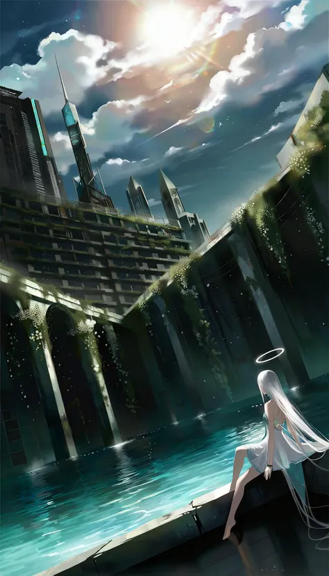 sci-fi theme, amazing quality, best quality, high quality, beautiful color, aesthetic, detailed,
BREAK
[by rella:by yunouou10:0.7],  [thin-pasto:pseudo-impasto:0.7],
BREAK
1girl, solo, beautiful, elegance, aesthetic, mysterious, ethereal, detailed face, detailed eyes, looking away, very long hair, detailed hair, white hair, floating hair, hair between eyes, wind effect, pale skin, angel, angel wings, feathered wings, angel ring, sitting, barefoot, soaking feet, lonely, melancholy atmosphere,
BREAK
white dress, bare shoulders, Floral print skater dress with cutout back, designed by Mary Katrantzou,
BREAK
high-resolution sci-fi landscape, post-human landscapes, thousands of years in the future, Earth, overgrown cities, reclaimed by nature, futuristic decay, ancient modern buildings, outdoors, blue sky, cloud, cloudy sky, star(sky),
starry sky, halo, floral, flowers, water, high-resolution ruins, (rust in ruins, collapsed building),
BREAK
dutch angle, Depth of Field, sharp focus, bokeh, cinematic quality, LUT, fine texture, crisp detail, <lora:Rella:0.1>,