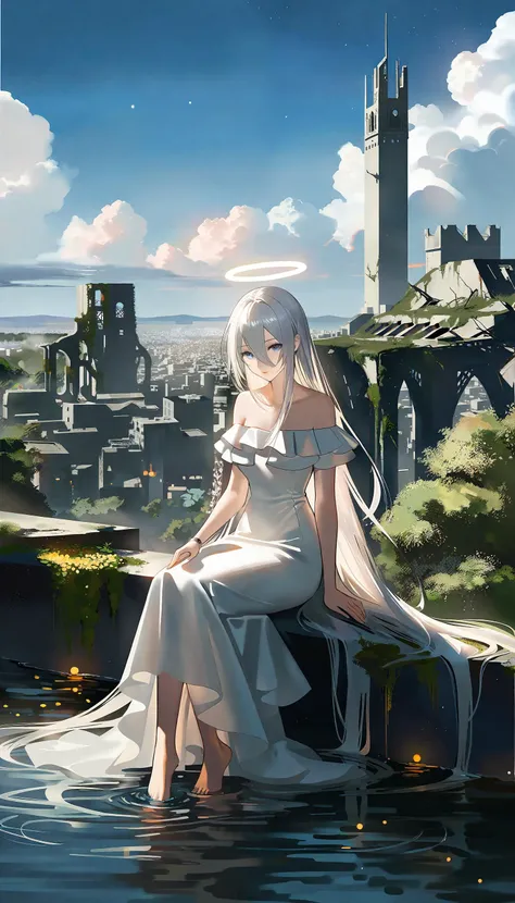 sci-fi theme, amazing quality, best quality, high quality, beautiful color, aesthetic, detailed,
BREAK
[by rella:by mashilemo:0.7],  [photorealistic:realistic:0.7],
BREAK
1girl, solo, beautiful, elegance, aesthetic, mysterious, ethereal, detailed face, detailed eyes, looking at viewer, very long hair, detailed hair, white hair, floating hair, hair between eyes, wind effect, pale skin, angel, angel wings, feathered wings, angel ring, sitting, barefoot, soaking feet, lonely, melancholy atmosphere,
BREAK
white dress, bare shoulders, Ruffle hem off-the-shoulder midi dress, designed by Esteban Cortazar,
BREAK
high-resolution sci-fi landscape, post-human landscapes, thousands of years in the future, Earth, overgrown cities, reclaimed by nature, futuristic decay, ancient modern buildings, outdoors, blue sky, cloud, cloudy sky, star(sky),
starry sky, halo, floral, flowers, water, high-resolution ruins, (rust in ruins, collapsed building),
BREAK
close up, Depth of Field, sharp focus, bokeh, cinematic quality, LUT, fine texture, crisp detail, <lora:Rella:0.1>,