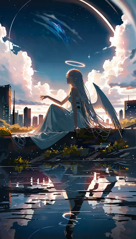 sci-fi theme, amazing quality, best quality, high quality, beautiful color, aesthetic, detailed,
BREAK
[by rella:by nine:0.7],  [impasto:pseudo-impasto:0.7],
BREAK
1girl, solo, beautiful, elegance, aesthetic, mysterious, ethereal, detailed face, detailed eyes, looking away, very long hair, detailed hair, white hair, floating hair, hair between eyes, wind effect, pale skin, angel, angel wings, feathered wings, angel ring, sitting, barefoot, soaking feet, lonely, melancholy atmosphere,
BREAK
white dress, bare shoulders, Floral midi dress, designed by Daniel Lee,
BREAK
high-resolution sci-fi landscape, post-human landscapes, thousands of years in the future, Earth, overgrown cities, reclaimed by nature, futuristic decay, ancient modern buildings, outdoors, blue sky, cloud, cloudy sky, star(sky),
starry sky, halo, floral, flowers, water, high-resolution ruins, (rust in ruins, collapsed building),
BREAK
from side, Depth of Field, sharp focus, bokeh, cinematic quality, LUT, fine texture, crisp detail, <lora:Rella:0.1>,