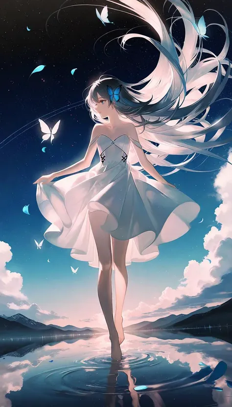 by rella, by Yoshitaka Amano, <lora:Rella:0.3>,
1girl, 
beautiful face, flat chest, splashing collarbone, detailed long hair, floating hair, wind effect,
strapless, bare shoulders, white dress, wet dress, designed by Victor Adame Minguez,
standing on lake, barefoot, looking away, ripples, soft shadows, blue sky, cloud, cloudy sky, starry sky, space, nebula, aurora, water, petals, Butterfly, Blue Butterfly, particle,
dynamic angle,
[celluloid:photorealistic:0.6], 
beautiful, aesthetic, elegance, ethereal beauty, detailed, intricate details, absurdres, beautiful color,
masterpiece, amazing quality, best quality, high quality, 4K, 8K, 64K, UHD,