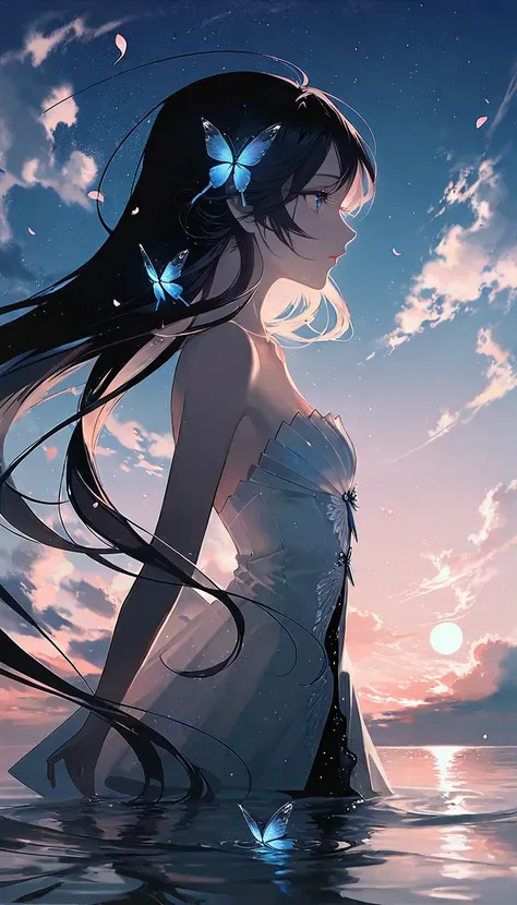 by rella, by Yoshitaka Amano, <lora:Rella:0.3>,
1girl, 
beautiful face, flat chest, splashing collarbone, detailed long hair, floating hair,
strapless, bare shoulders, open shirt, designed by Tom Whalen,
standing on lake, looking away, ripples, soft shadows, blue sky, cloud, cloudy sky, starry sky, space, nebula, water, petals, Butterfly, Blue Butterfly, particle,
from side,
[photorealistic:celluloid:0.6], 
beautiful, aesthetic, elegance, ethereal beauty, detailed, intricate details, absurdres, beautiful color,
masterpiece, amazing quality, best quality, high quality, 4K, 8K, 64K, UHD,