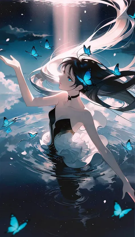 by rella, by Yoshitaka Amano, <lora:Rella:0.3>,
1girl, 
beautiful face, flat chest, splashing collarbone, detailed long hair, floating hair,
strapless, bare shoulders, open shirt, designed by Eddie Mendoza,
standing on lake, looking away, ripples, soft shadows, blue sky, cloud, cloudy sky, starry sky, space, nebula, aurora, water, petals, Butterfly, Blue Butterfly, particle,
perspective from above,
[flat color:flat color:0.6], 
beautiful, aesthetic, elegance, ethereal beauty, detailed, intricate details, absurdres, beautiful color,
masterpiece, amazing quality, best quality, high quality, 4K, 8K, 64K, UHD,