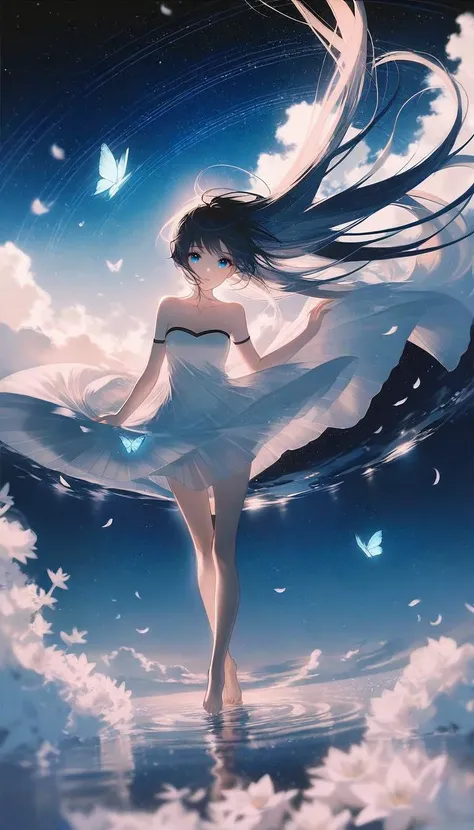 by rella, by Yoshitaka Amano, <lora:Rella:0.25>,
1girl, 
beautiful face, parted lips, flat chest, splashing collarbone, detailed long hair, floating hair, wind effect,
strapless, bare shoulders, open shirt, designed by Agnes Martin,
standing on lake, water, barefoot, ripples, soft shadows, blue sky, cloud, cloudy sky, starry sky, space, nebula, aurora, milky way, petals, flowers, Butterfly, Blue Butterfly, particle,
looking at viewer, perspective from above,
[impasto:realistic:0.6], 
beautiful, aesthetic, elegance, ethereal beauty, transparent, clarity, detailed, intricate details, absurdres, beautiful color,
masterpiece, amazing quality, best quality, high quality, 4K, 8K, 64K, UHD,