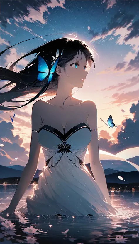 by rella, by Yoshitaka Amano, <lora:Rella:0.25>,
1girl, 
beautiful face, parted lips, cleavage, splashing collarbone, detailed long hair, floating hair, wind effect,
strapless, bare shoulders, white dress, wet dress, designed by Sou Fujimoto,
standing on lake, water, barefoot, ripples, soft shadows, blue sky, cloud, cloudy sky, starry sky, space, nebula, aurora, milky way, petals, flowers, Butterfly, Blue Butterfly, particle,
looking away, (close up:1.5),
[3d:flat-pasto:0.6], 
beautiful, aesthetic, elegance, ethereal beauty, transparent, clarity, detailed, intricate details, absurdres, beautiful color,
masterpiece, amazing quality, best quality, high quality, 4K, 8K, 64K, UHD,