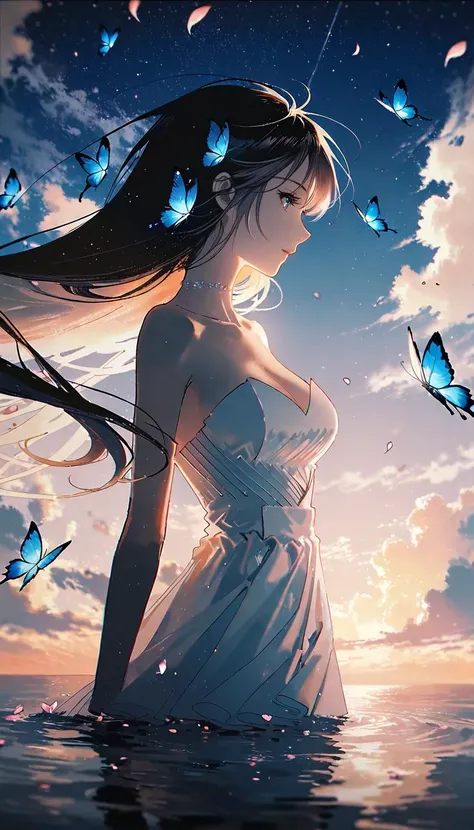 by rella, by Yoshitaka Amano, <lora:Rella:0.3>,
1girl, 
beautiful face, cleavage, splashing collarbone, detailed long hair, floating hair,
strapless, bare shoulders, white dress, wet dress, 
standing on lake, looking away, ripples, soft shadows, blue sky, cloud, cloudy sky, starry sky, space, nebula, water, petals, Butterfly, Blue Butterfly,
from side,
[cel shading:3d:0.6], 
beautiful, aesthetic, elegance, detailed, intricate details, absurdres, beautiful color,
masterpiece, amazing quality, best quality, high quality, 4K, 8K, 64K, UHD,