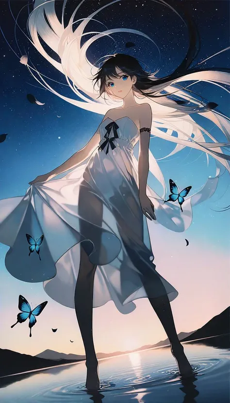 by rella, by Yoshitaka Amano, <lora:Rella:0.25>,
1girl, 
beautiful face, parted lips, flat chest, splashing collarbone, detailed long hair, floating hair, wind effect,
strapless, bare shoulders, white dress, wet dress, designed by Marsden Hartley,
standing in lake, water, barefoot, ripples, soft shadows, blue sky, cloud, cloudy sky, starry sky, space, nebula, aurora, milky way, petals, Butterfly, Blue Butterfly, particle,
looking at viewer, perspective from below,
[realistic:flat color:0.6], 
beautiful, aesthetic, elegance, ethereal beauty, transparent, clarity, detailed, intricate details, absurdres, beautiful color,
masterpiece, amazing quality, best quality, high quality, 4K, 8K, 64K, UHD,