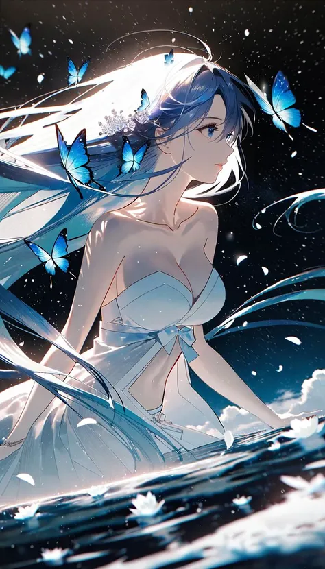 by rella, by Yoshitaka Amano, <lora:Rella:0.3>,
1girl, 
beautiful face, cleavage, splashing collarbone, detailed long hair, floating hair,
strapless, bare shoulders, open shirt, designed by Kunisada,
standing on lake, looking away, ripples, soft shadows, blue sky, cloud, cloudy sky, starry sky, space, nebula, aurora, water, petals, Butterfly, Blue Butterfly, particle,
dynamic angle,
[3d:realistic:0.6], 
beautiful, aesthetic, elegance, ethereal beauty, detailed, intricate details, absurdres, beautiful color,
masterpiece, amazing quality, best quality, high quality, 4K, 8K, 64K, UHD,