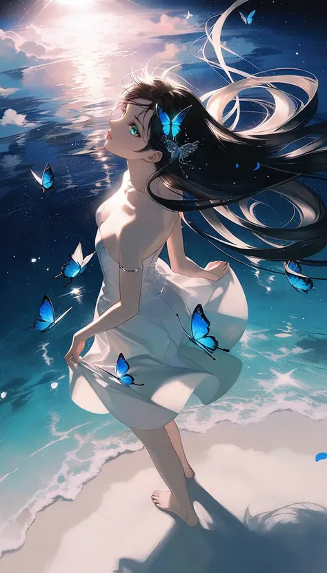 by rella, by Yoshitaka Amano, <lora:Rella:0.25>,
1girl, 
beautiful face, parted lips, flat chest, splashing collarbone, detailed long hair, floating hair, wind effect,
strapless, bare shoulders, open shirt, designed by Haddon Sundblom,
standing on lake, water, barefoot, ripples, soft shadows, blue sky, cloud, cloudy sky, starry sky, space, nebula, aurora, milky way, petals, flowers, Butterfly, Blue Butterfly, particle,
looking away, perspective from above,
[cel shading:thin-pasto:0.6], 
beautiful, aesthetic, elegance, ethereal beauty, transparent, clarity, detailed, intricate details, absurdres, beautiful color,
masterpiece, amazing quality, best quality, high quality, 4K, 8K, 64K, UHD,