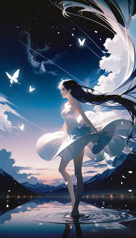 by rella, by Yoshitaka Amano, <lora:Rella:0.25>,
1girl, 
beautiful face, parted lips, cleavage, splashing collarbone, detailed long hair, floating hair, wind effect,
strapless, bare shoulders, open shirt, designed by David Cronenberg,
standing on lake, water, barefoot, ripples, soft shadows, blue sky, cloud, cloudy sky, starry sky, space, nebula, aurora, milky way, petals, flowers, Butterfly, Blue Butterfly, particle,
looking away, from side,
[thin-pasto:pseudo-impasto:0.6], 
beautiful, aesthetic, elegance, ethereal beauty, transparent, clarity, detailed, intricate details, absurdres, beautiful color,
masterpiece, amazing quality, best quality, high quality, 4K, 8K, 64K, UHD,