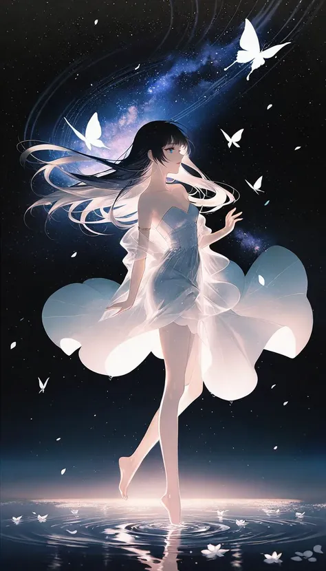 by rella, by Yoshitaka Amano, <lora:Rella:0.25>,
1girl, 
beautiful face, parted lips, flat chest, splashing collarbone, detailed long hair, floating hair, wind effect,
strapless, bare shoulders, open shirt, designed by Clifford Coffin,
standing on lake, water, barefoot, ripples, soft shadows, blue sky, cloud, cloudy sky, starry sky, space, nebula, aurora, milky way, petals, flowers, Butterfly, Blue Butterfly, particle,
looking at viewer, from side,
[clean color:3d:0.6], 
beautiful, aesthetic, elegance, ethereal beauty, transparent, clarity, detailed, intricate details, absurdres, beautiful color,
masterpiece, amazing quality, best quality, high quality, 4K, 8K, 64K, UHD,