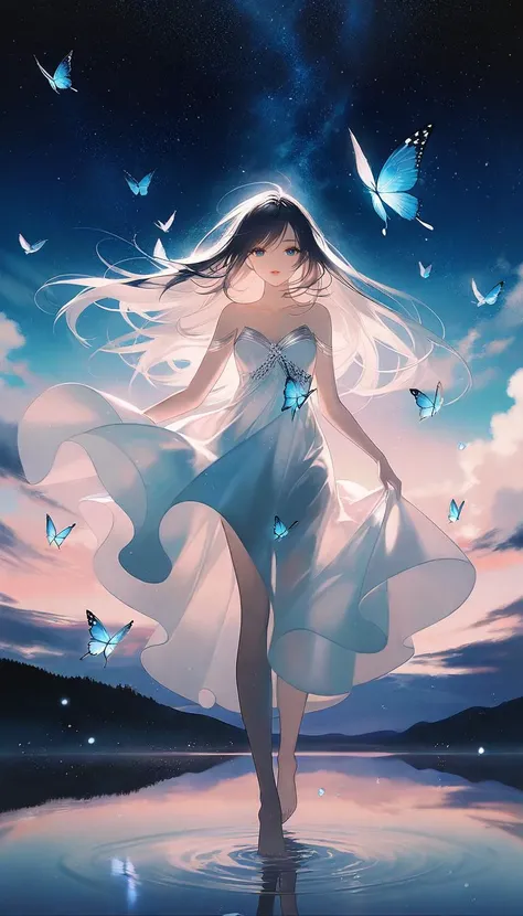 by rella, by Yoshitaka Amano, <lora:Rella:0.25>,
1girl, 
beautiful face, parted lips, flat chest, splashing collarbone, detailed long hair, floating hair, wind effect,
strapless, bare shoulders, white dress, wet dress, designed by Lori Earley,
standing on lake, water, barefoot, ripples, soft shadows, blue sky, cloud, cloudy sky, starry sky, space, nebula, aurora, milky way, petals, flowers, Butterfly, Blue Butterfly, particle,
looking at viewer, (close up:1.5),
[clean color:3d:0.6], 
beautiful, aesthetic, elegance, ethereal beauty, transparent, clarity, detailed, intricate details, absurdres, beautiful color,
masterpiece, amazing quality, best quality, high quality, 4K, 8K, 64K, UHD,