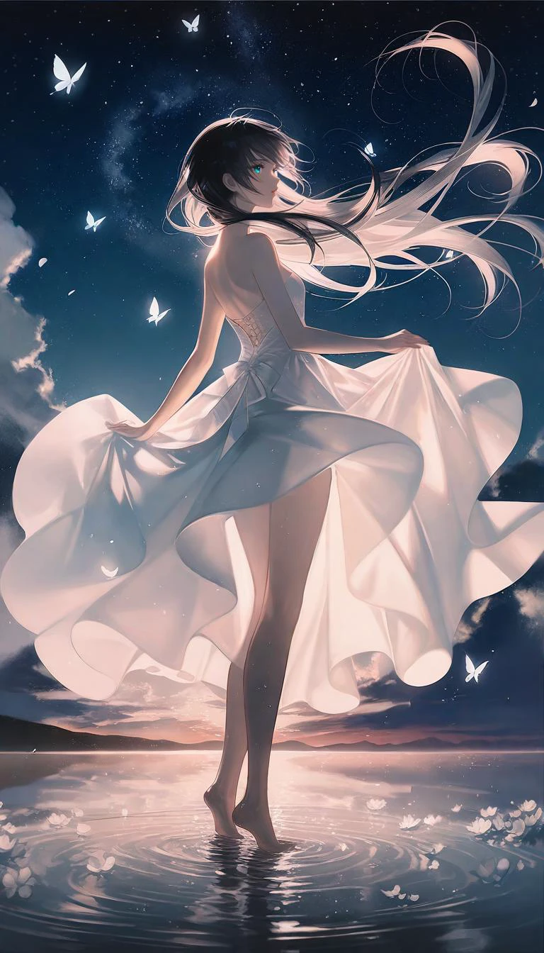 by rella, by Yoshitaka Amano, <lora:Rella:0.25>,
1girl, 
beautiful face, parted lips, flat chest, splashing collarbone, detailed long hair, floating hair, wind effect,
strapless, bare shoulders, white dress, wet dress, designed by Joseph Stella,
standing on lake, water, barefoot, ripples, soft shadows, blue sky, cloud, cloudy sky, starry sky, space, nebula, aurora, milky way, petals, flowers, Butterfly, Blue Butterfly, particle,
looking away, from side,
[realistic:photorealistic:0.6], 
beautiful, aesthetic, elegance, ethereal beauty, transparent, clarity, detailed, intricate details, absurdres, beautiful color,
masterpiece, amazing quality, best quality, high quality, 4K, 8K, 64K, UHD,