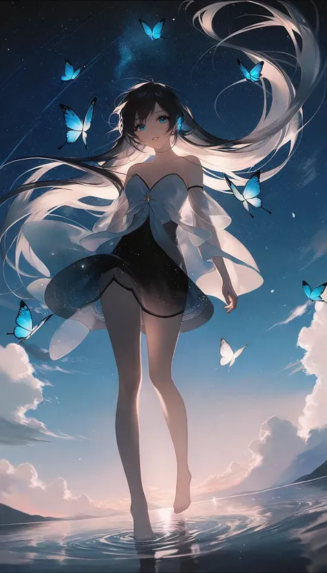 by rella, by Yoshitaka Amano, <lora:Rella:0.25>,
1girl, 
beautiful face, parted lips, flat chest, splashing collarbone, detailed long hair, floating hair, wind effect,
strapless, bare shoulders, open shirt, designed by Ryohei Hase,
standing in lake, water, barefoot, ripples, soft shadows, blue sky, cloud, cloudy sky, starry sky, space, nebula, aurora, milky way, petals, flowers, Butterfly, Blue Butterfly, particle,
looking at viewer, perspective from below,
[3d:pseudo-impasto:0.6], 
beautiful, aesthetic, elegance, ethereal beauty, transparent, clarity, detailed, intricate details, absurdres, beautiful color,
masterpiece, amazing quality, best quality, high quality, 4K, 8K, 64K, UHD,