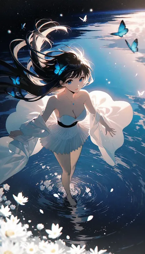 by rella, by Yoshitaka Amano, <lora:Rella:0.25>,
1girl, 
beautiful face, parted lips, cleavage, splashing collarbone, detailed long hair, floating hair, wind effect,
strapless, bare shoulders, open shirt, designed by Edmund Leighton,
standing on lake, water, barefoot, ripples, soft shadows, blue sky, cloud, cloudy sky, starry sky, space, nebula, aurora, milky way, petals, flowers, Butterfly, Blue Butterfly, particle,
looking at viewer, perspective from above,
[celluloid:clean color:0.6], 
beautiful, aesthetic, elegance, ethereal beauty, transparent, clarity, detailed, intricate details, absurdres, beautiful color,
masterpiece, amazing quality, best quality, high quality, 4K, 8K, 64K, UHD,