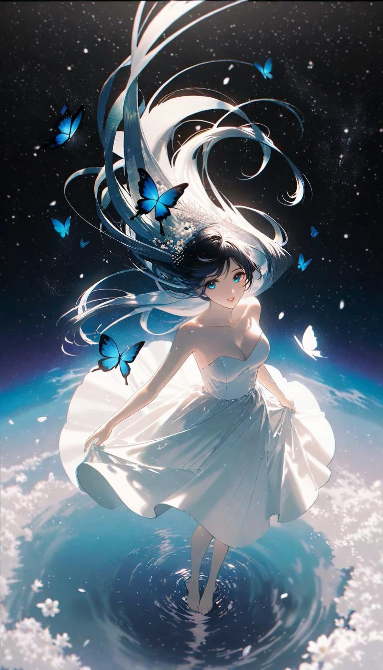 by rella, by Yoshitaka Amano, <lora:Rella:0.25>,
1girl, 
beautiful face, parted lips, cleavage, splashing collarbone, detailed long hair, floating hair, wind effect,
strapless, bare shoulders, white dress, wet dress, designed by Amédée Guillemin,
standing in lake, water, barefoot, ripples, soft shadows, blue sky, cloud, cloudy sky, starry sky, space, nebula, aurora, milky way, petals, flowers, Butterfly, Blue Butterfly, particle,
looking at viewer, perspective from above,
[photorealistic:cel shading:0.6], 
beautiful, aesthetic, elegance, ethereal beauty, transparent, clarity, detailed, intricate details, absurdres, beautiful color,
masterpiece, amazing quality, best quality, high quality, 4K, 8K, 64K, UHD,