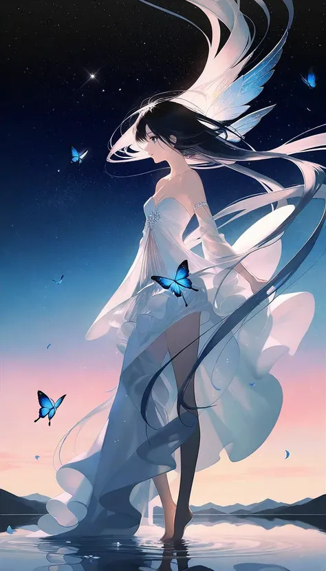 by rella, by Yoshitaka Amano, <lora:Rella:0.25>,
1girl, 
beautiful face, parted lips, cleavage, splashing collarbone, detailed long hair, floating hair, wind effect,
strapless, bare shoulders, open shirt, designed by Maxwell Boas,
standing in lake, water, barefoot, ripples, soft shadows, blue sky, cloud, cloudy sky, starry sky, space, nebula, aurora, milky way, petals, flowers, Butterfly, Blue Butterfly, particle,
looking at viewer, perspective from above,
[3d:3d:0.6], 
beautiful, aesthetic, elegance, ethereal beauty, transparent, clarity, detailed, intricate details, absurdres, beautiful color,
masterpiece, amazing quality, best quality, high quality, 4K, 8K, 64K, UHD,