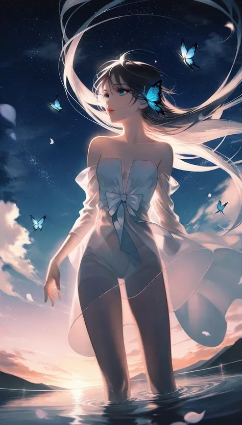 by rella, by Yoshitaka Amano, <lora:Rella:0.25>,
1girl, 
beautiful face, parted lips, flat chest, splashing collarbone, detailed long hair, floating hair, wind effect,
strapless, bare shoulders, open shirt, designed by Eddie Jones,
standing in lake, water, barefoot, ripples, soft shadows, blue sky, cloud, cloudy sky, starry sky, space, nebula, aurora, milky way, petals, flowers, Butterfly, Blue Butterfly, particle,
looking away, perspective from below,
[photorealistic:cel shading:0.6], 
beautiful, aesthetic, elegance, ethereal beauty, transparent, clarity, detailed, intricate details, absurdres, beautiful color,
masterpiece, amazing quality, best quality, high quality, 4K, 8K, 64K, UHD,