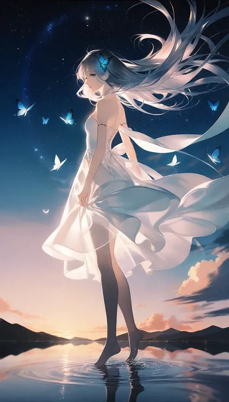 by rella, by Yoshitaka Amano, <lora:Rella:0.25>,
1girl, 
beautiful face, parted lips, flat chest, splashing collarbone, detailed long hair, floating hair, wind effect,
strapless, bare shoulders, white dress, wet dress, designed by Glenn Fabry,
standing on lake, water, barefoot, ripples, soft shadows, blue sky, cloud, cloudy sky, starry sky, space, nebula, aurora, milky way, petals, flowers, Butterfly, Blue Butterfly, particle,
looking away, from side,
[thin-pasto:thin-pasto:0.6], 
beautiful, aesthetic, elegance, ethereal beauty, transparent, clarity, detailed, intricate details, absurdres, beautiful color,
masterpiece, amazing quality, best quality, high quality, 4K, 8K, 64K, UHD,