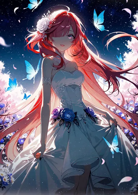 by rella, by demizu posuka, <lora:Rella:0.3>,
break
Watercolor
break
1girl, solo, super model, parted lips, multicolored eyes, pink eyes, one eye covered, flowers over eyes, eyelashes, detailed long hair, pink hair, red hair, floating hair, wind effect, multicolored hair, hair flowers, hair ornament, bangs, breasts, perfect anatomy,
break
from side,
break
white dress, Princess wedding dress, strapless, bare shoulders, designed by Mary Daisy Arnold, fingernails, nail polish,
break
(sleeping:1.5), peaceful, happy,
break
forest, green carpet, grassland, natural soft lighting, butterfly, bug, blue butterfly, blue flowers, red flowers, purple flowers, petals, star,starry sky, space, nebula, aurora, milky way,
break
[flat color:thin-pasto:0.6]
break
beautiful, aesthetic, elegance, ethereal beauty, detailed, intricate details, absurdres, beautiful color, Cinematic Texture, fine detailing, crisp detail, crisp edges, lifelike detailing, artisanal detailing, meticulous detailing,
break
masterpiece, amazing quality, best quality, high quality, 4K, 8K, 64K, UHD,  <lora:xl_more_art-full_v1:0.3>,