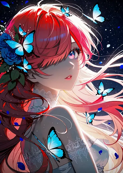 by rella, by demizu posuka, <lora:Rella:0.3>,
break
Digital Painting
break
1girl, solo, super model, parted lips, multicolored eyes, pink eyes, one eye covered, flowers over eyes, eyelashes, detailed long hair, pink hair, red hair, floating hair, wind effect, multicolored hair, hair flowers, hair ornament, bangs, breasts, perfect anatomy,
break
close up,
break
white dress, Princess wedding dress, strapless, bare shoulders, designed by Clarissa Munger Badger, fingernails, nail polish,
break
(sleeping:1.5), peaceful, happy,
break
forest, green carpet, grassland, natural soft lighting, butterfly, bug, blue butterfly, blue flowers, red flowers, purple flowers, petals, star,starry sky, space, nebula, aurora, milky way,
break
[cel shading:photorealistic:0.6]
break
beautiful, aesthetic, elegance, ethereal beauty, detailed, intricate details, absurdres, beautiful color, Cinematic Texture, fine detailing, crisp detail, crisp edges, lifelike detailing, artisanal detailing, meticulous detailing,
break
masterpiece, amazing quality, best quality, high quality, 4K, 8K, 64K, UHD,  <lora:xl_more_art-full_v1:0.3>,