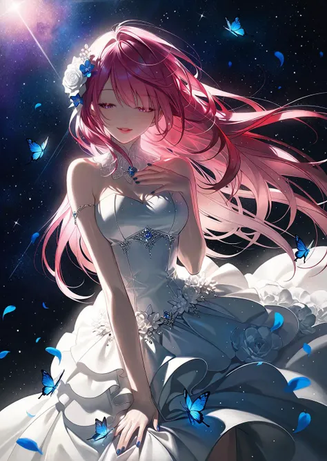 by rella, by yoneyama mai, <lora:Rella:0.3>,
break
Digital Painting
break
1girl, solo, super model, parted lips, multicolored eyes, pink eyes, one eye covered, flowers over eyes, eyelashes, detailed long hair, pink hair, red hair, floating hair, wind effect, multicolored hair, hair flowers, hair ornament, bangs, breasts, perfect anatomy,
break
dynamic angle,
break
white dress, Princess wedding dress, strapless, bare shoulders, designed by Ellen Isham Schutt, fingernails, nail polish,
break
(sleeping:1.5), peaceful, happy,
break
forest, green carpet, grassland, natural soft lighting, butterfly, bug, blue butterfly, blue flowers, red flowers, purple flowers, petals, star,starry sky, space, nebula, aurora, milky way,
break
[flat-pasto:clean color:0.6]
break
beautiful, aesthetic, elegance, ethereal beauty, detailed, intricate details, absurdres, beautiful color, Cinematic Texture, fine detailing, crisp detail, crisp edges, lifelike detailing, artisanal detailing, meticulous detailing,
break
masterpiece, amazing quality, best quality, high quality, 4K, 8K, 64K, UHD,  <lora:xl_more_art-full_v1:0.3>,