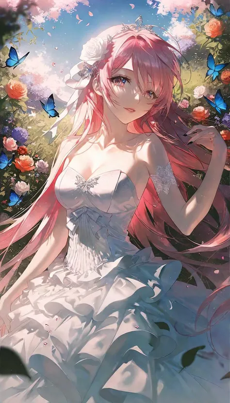 by rella, by Yoshitaka Amano, <lora:Rella:0.3>,
break
1girl, solo, super model, parted lips, multicolored eyes, pink eyes, one eye covered, flowers over eyes, eyelashes, detailed long hair, pink hair, red hair, floating hair, multicolored hair, hair flowers, hair ornament, bangs, breasts, perfect anatomy,
break
from side,
break
white dress, Princess wedding dress, strapless, bare shoulders, designed by Chris Ofili, fingernails, nail polish,
break
(sleeping:1.5), peaceful, happy,
break
forest, natural soft lighting, butterfly, bug, blue butterfly, blue flowers, red flowers, purple flowers, petals, green carpet, grassland, 
break
[3d:impasto:0.6]
break
beautiful, aesthetic, elegance, ethereal beauty, detailed, intricate details, absurdres, beautiful color, 
break
masterpiece, amazing quality, best quality, high quality, 4K, 8K, 64K, UHD,  <lora:xl_more_art-full_v1:1>,