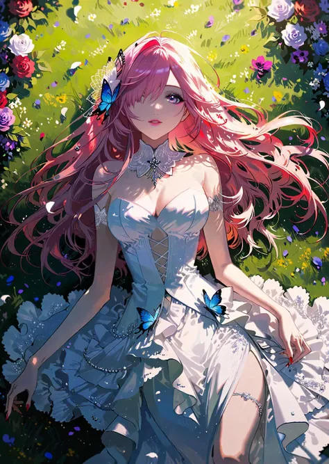 by rella, by Yoshitaka Amano, <lora:Rella:0.3>,
break
Pastel
break
1girl, solo, super model, parted lips, multicolored eyes, pink eyes, one eye covered, flowers over eyes, eyelashes, detailed long hair, pink hair, red hair, floating hair, multicolored hair, hair flowers, hair ornament, bangs, breasts, perfect anatomy,
break
dynamic angle,
break
white dress, Princess wedding dress, strapless, bare shoulders, designed by Pancrace Bessa, fingernails, nail polish,
break
(sleeping:1.5), peaceful, happy,
break
forest, green carpet, grassland, natural soft lighting, butterfly, bug, blue butterfly, blue flowers, red flowers, purple flowers, petals, 
break
[pseudo-impasto:thin-pasto:0.6]
break
beautiful, aesthetic, elegance, ethereal beauty, detailed, intricate details, absurdres, beautiful color, Cinematic Texture, fine detailing, crisp detail, crisp edges, lifelike detailing, artisanal detailing, meticulous detailing,
break
masterpiece, amazing quality, best quality, high quality, 4K, 8K, 64K, UHD,  <lora:xl_more_art-full_v1:0.3>,