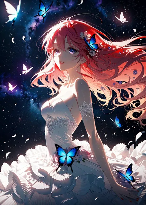 by rella, by demizu posuka, <lora:Rella:0.3>,
break
Encaustic Painting
break
1girl, solo, super model, parted lips, multicolored eyes, pink eyes, one eye covered, flowers over eyes, eyelashes, detailed long hair, pink hair, red hair, floating hair, wind effect, multicolored hair, hair flowers, hair ornament, bangs, breasts, perfect anatomy,
break
close up,
break
white dress, Princess wedding dress, strapless, bare shoulders, designed by Anne Pratt, fingernails, nail polish,
break
(sleeping:1.5), peaceful, happy,
break
forest, green carpet, grassland, natural soft lighting, butterfly, bug, blue butterfly, blue flowers, red flowers, purple flowers, petals, star,starry sky, space, nebula, aurora, milky way,
break
[pseudo-impasto:celluloid:0.6]
break
beautiful, aesthetic, elegance, ethereal beauty, detailed, intricate details, absurdres, beautiful color, Cinematic Texture, fine detailing, crisp detail, crisp edges, lifelike detailing, artisanal detailing, meticulous detailing,
break
masterpiece, amazing quality, best quality, high quality, 4K, 8K, 64K, UHD,  <lora:xl_more_art-full_v1:0.3>,