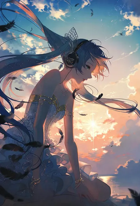 by rella, by Miho Hirano, <lora:Rella:0.5>,
break
1girl, detailed long hair, floating hair, wind effect, multicolored hair, transparent, reflective, beautiful and breathtaking hairstyle, (intricate detailed hair:1.4), high ponytail, pinterest hairstyles, hairstyle inspired by Tsuyoshi Domoto and Ridley Scott, crazy alternate hairstyle, <lora:hair_style:1>,
break
angel wing, barefoot, strapless, bare shoulders, white dress, headphone,
break
flying, clear blue sky, cloud, cloudy sky, star, star(sky), feathers, music, music is playing,
BREAK
clarity, hyper emotional,
BREAK
(close up:1.5), looking away,
break
beautiful, aesthetic, detailed, beautiful color,
break
amazing quality, best quality, high quality,