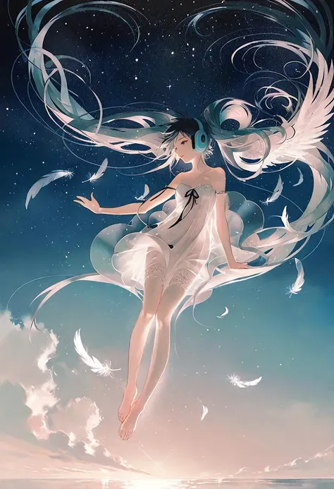 by rella, by Victo Ngai, <lora:Rella:0.5>,
break
1girl, detailed long hair, floating hair, wind effect, multicolored hair, transparent, reflective, beautiful and breathtaking hairstyle, (intricate detailed hair:1.4), quad tails, pinterest hairstyles, hairstyle inspired by Angus Lloyd and A. Merritt, crazy alternate hairstyle, <lora:hair_style:1>,
break
angel wing, barefoot, strapless, bare shoulders, white dress, headphone,
break
flying, clear blue sky, cloud, cloudy sky, star, star(sky), feathers, music, music is playing,
BREAK
clarity, hyper emotional,
BREAK
dutch angle, looking away,
break
beautiful, aesthetic, detailed, beautiful color,
break
amazing quality, best quality, high quality,