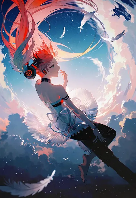 by rella, by Bakemono Zukushi, <lora:Rella:0.5>,
break
1girl, detailed long hair, floating hair, wind effect, multicolored hair, transparent, reflective, beautiful and breathtaking hairstyle, (intricate detailed hair:1.4), tri tails, pinterest hairstyles, hairstyle inspired by Virgil Abloh and Ugo Rondinone, crazy alternate hairstyle, <lora:hair_style:1>,
break
angel wing, barefoot, strapless, bare shoulders, white dress, headphone,
break
flying, clear blue sky, cloud, cloudy sky, star, star(sky), feathers, music, music is playing,
BREAK
clarity, hyper emotional,
BREAK
perspective from above, looking at viewer,
break
beautiful, aesthetic, detailed, beautiful color,
break
amazing quality, best quality, high quality,