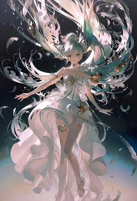 1girl, ethereal beauty, moonlight hair, starlight gown, bare feet, delicate features, kind eyes, gentle smile, slender figure, graceful posture, otherworldly aura, willow branch crown, flowing white dress, glowing skin, luminescent eyes, magical presence, masterpiece, best quality