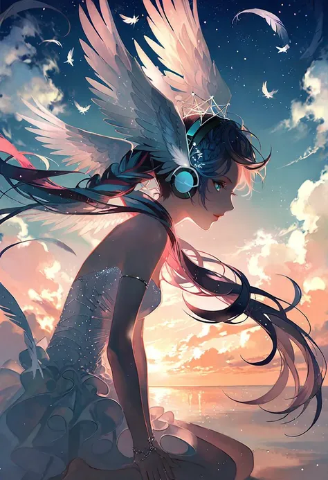 by rella, by Victo Ngai, <lora:Rella:0.5>,
break
1girl, detailed long hair, floating hair, wind effect, multicolored hair, transparent, reflective, beautiful and breathtaking hairstyle, (intricate detailed hair:1.4), crown braid, pinterest hairstyles, hairstyle inspired by Kate Spade and Shara Hughes,  crazy alternate hairstyle, <lora:hair_style:1>,  
break
angel wing, barefoot, strapless, bare shoulders, white dress, headphone,
break
flying, clear blue sky, cloud, cloudy sky, star, star(sky), feathers, music, music is playing,
BREAK
clarity, hyper emotional,
BREAK
 from side, looking at viewer,
break
beautiful, aesthetic, detailed, beautiful color, 
break
amazing quality, best quality, high quality,